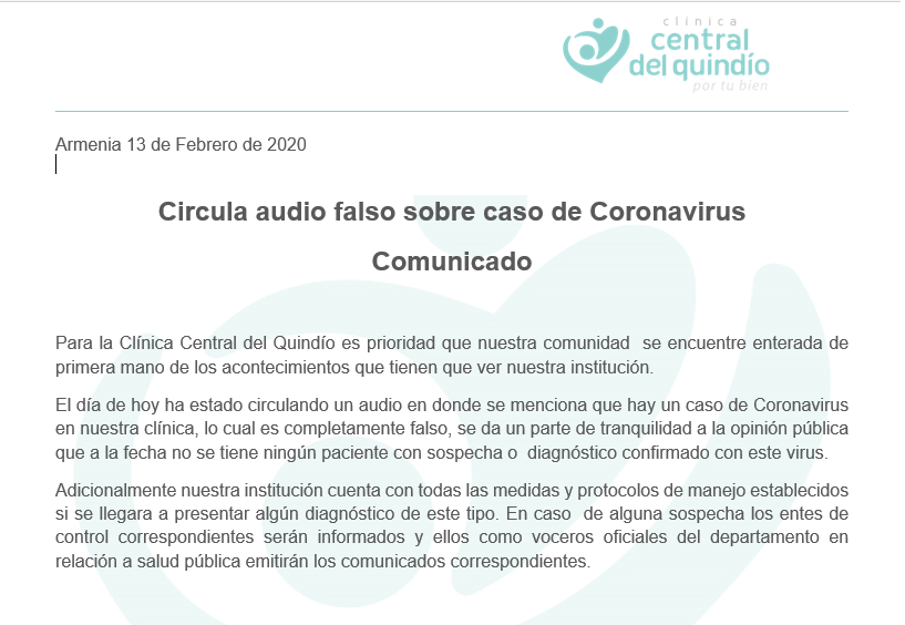 817px x 564px - Comunicado Audio Falso Sobre Caso Coronavirus â€“ ClÃ­nica Central del QuindÃ­o
